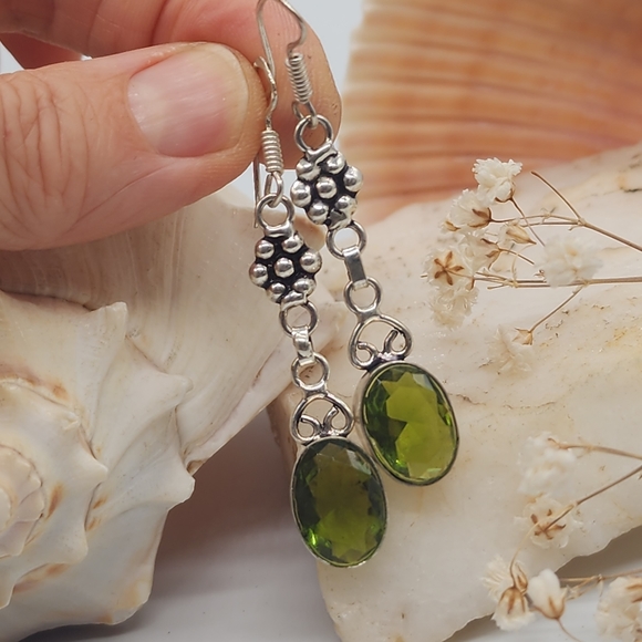 Natural Peridot Stones Silver 925 Earrings - Picture 3 of 12